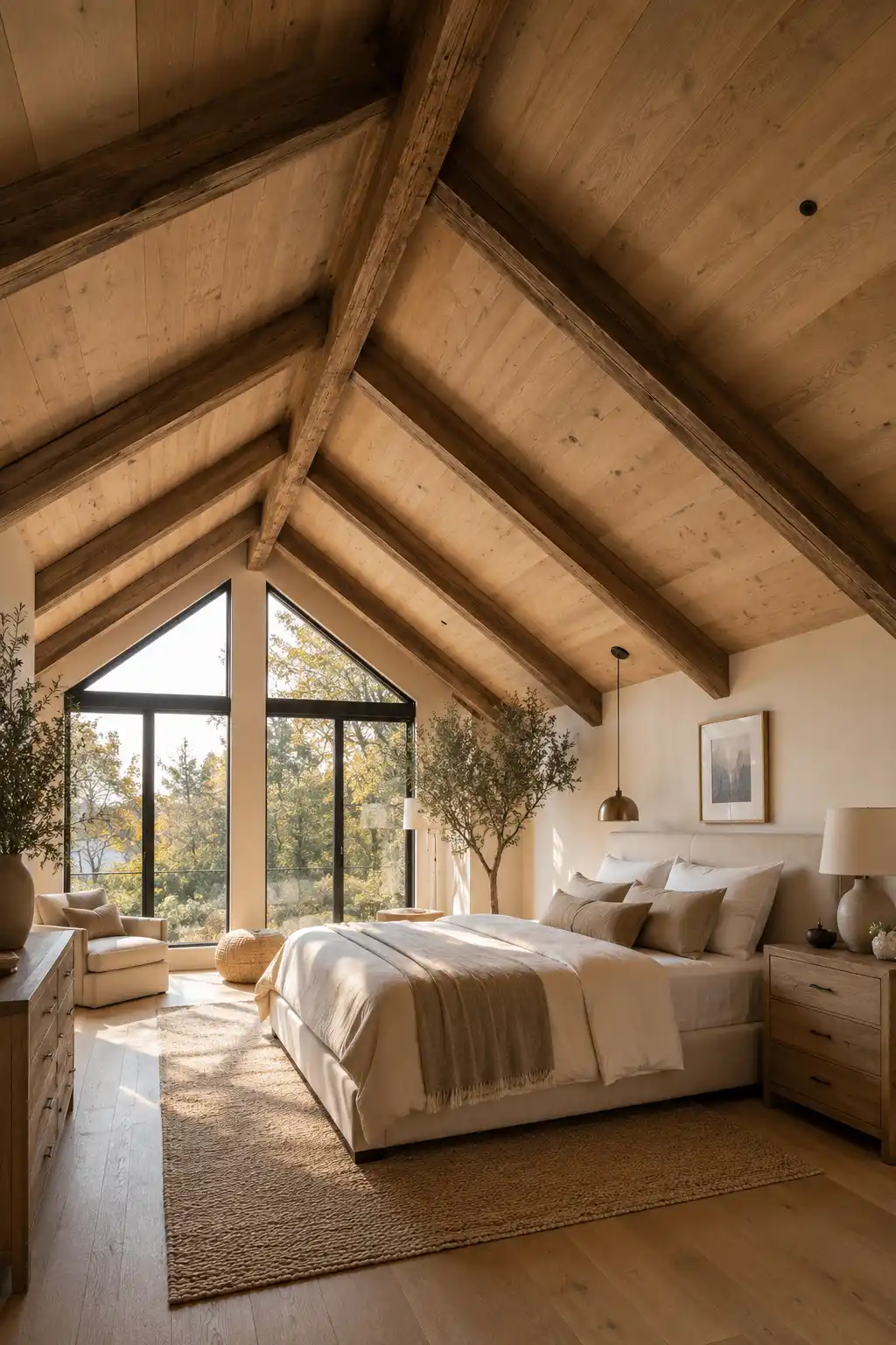 Luxury master bedroom featuring a warm natural wood slanted ceiling with wide oak planks and rustic exposed timber beams, soaring vaulted ceiling architecture, oversized floor to ceiling black framed windows overlooking lush trees, soft beige upholstered platform bed with layered white linen bedding, natural oak nightstands, woven area rug, indoor olive trees, modern cabin bedroom design, contemporary farmhouse interior, luxury attic bedroom inspiration, elegant sloped ceiling ideas with abundant natural sunlight.