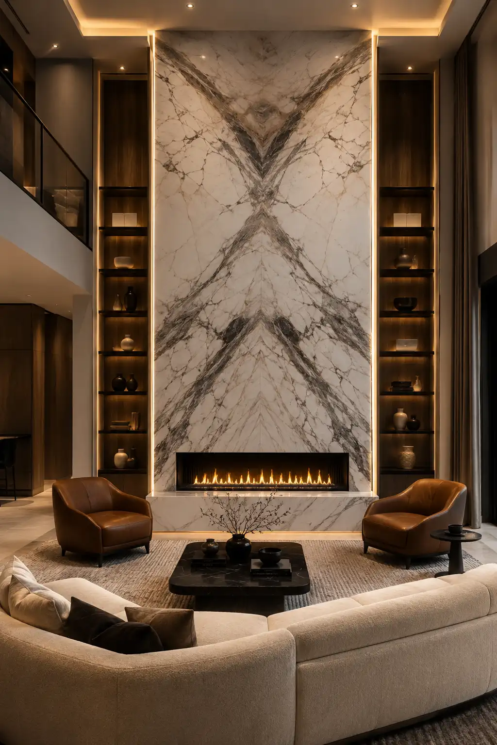 Luxury double height living room featuring a dramatic floor to ceiling bookmatched marble fireplace, symmetrical stone veining, warm concealed lighting, built in display shelves, cream curved sofa, brown leather chairs, dark coffee table, and elegant modern high ceiling decor.