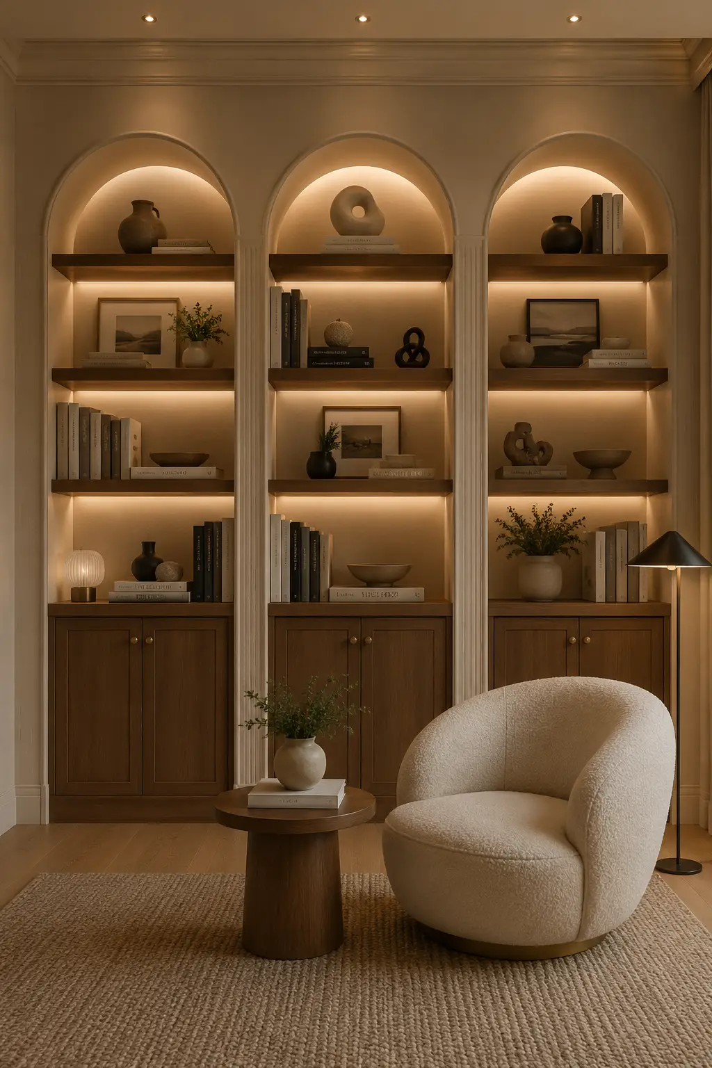 Modern floor to ceiling arched bookshelf wall featuring three elegant arches, rich dark wood shelves, warm integrated lighting, closed storage cabinets, carefully arranged books, ceramic vases, framed artwork, sculptural decor, and a cozy cream boucle reading chair.