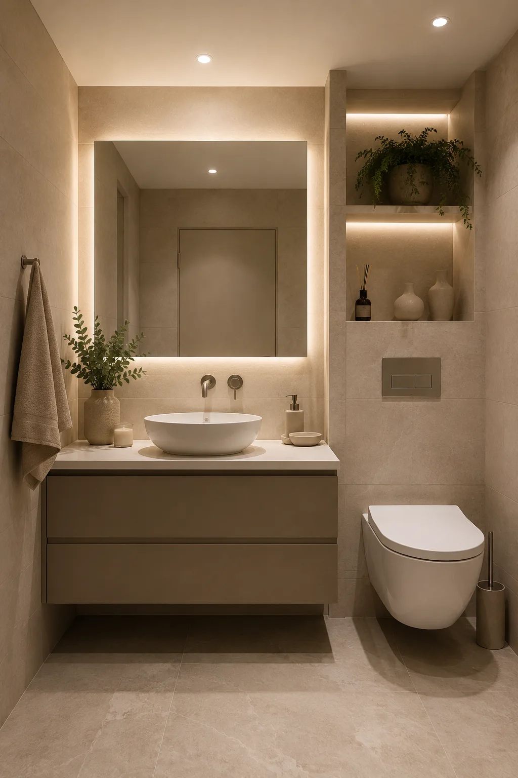 Modern small bathroom featuring a floating taupe vanity with handleless drawers, white vessel sink, wall mounted faucet, large LED backlit mirror, warm beige stone tiles, illuminated built in storage niches, wall hung toilet, neutral accessories, and soft ambient lighting.