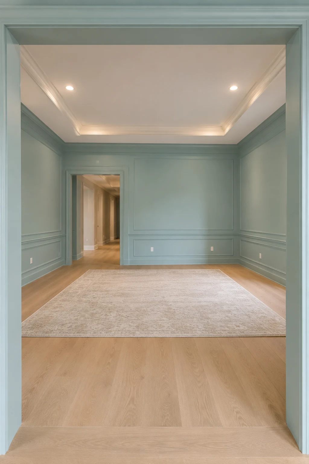 Empty residential living room with muted aquamarine blue painted walls, elegant decorative wall molding, a tray ceiling with soft recessed lighting, warm natural wood flooring, and a large neutral area rug in a calm modern interior.