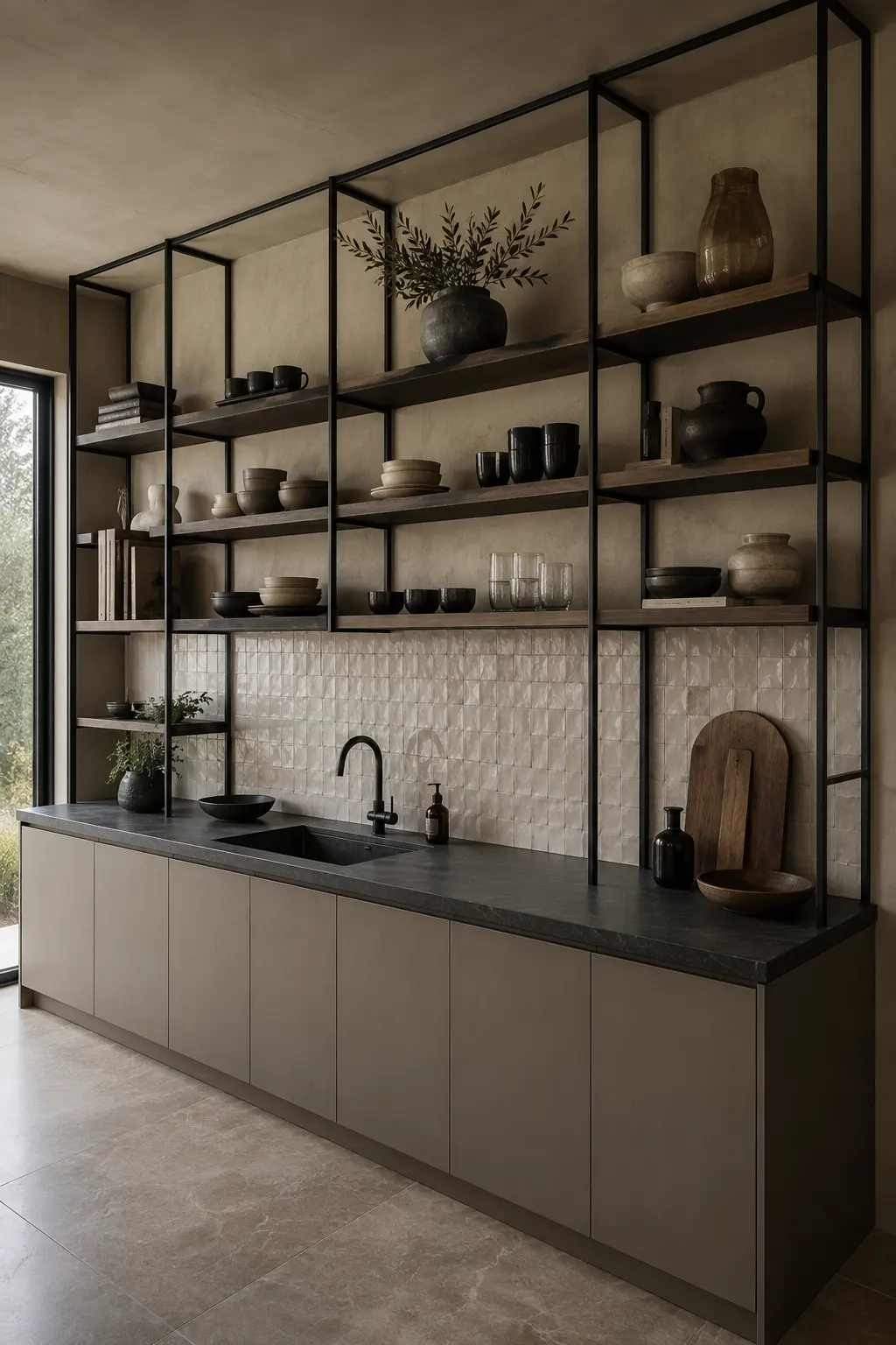 Modern contemporary kitchen featuring floor to ceiling black metal frame open shelving with dark wood shelves, neutral ceramic bowls, black pottery, clear glassware, decorative books, natural branches, textured white tile backsplash, taupe flat panel cabinets, black sink, and dark stone countertop.