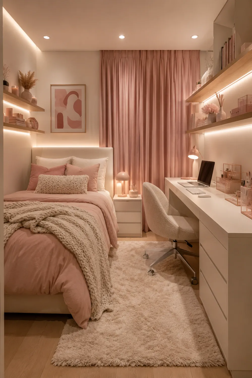 Blush pink minimalist dorm room featuring a white upholstered bed with layered blush bedding, chunky knit throw blanket, plush cream rug, floating wooden shelves with warm LED lighting, modern white study desk, cozy boucle chair, blush curtains, framed wall art, aesthetic décor, and stylish college dorm room inspiration.