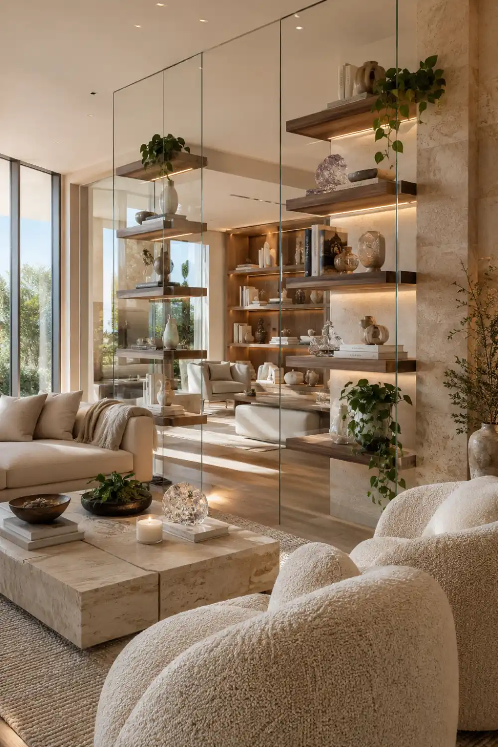 Floor to ceiling glass partition with built in floating wood shelves displaying books, decorative vases, candles, indoor plants, and modern décor, separating a luxury living room with marble coffee table, neutral furniture, and warm natural lighting.