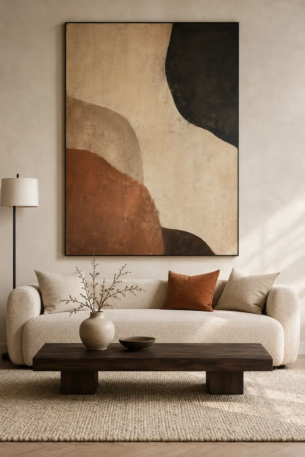 Modern neutral living room featuring one oversized abstract statement painting in warm beige, terracotta, taupe, brown, and charcoal tones above a curved cream boucle sofa, styled with a dark wood coffee table, textured rug, and minimalist ceramic accessories.