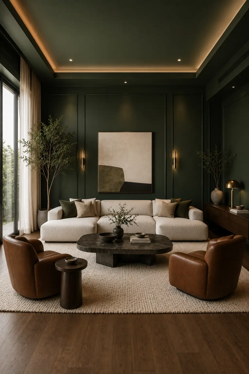 Dramatic modern living room with deep forest green painted walls, an ivory sectional sofa, cognac leather lounge chairs, a dark stone coffee table, cream textured rug, walnut console, minimalist abstract artwork, brass lighting, and tall indoor trees.