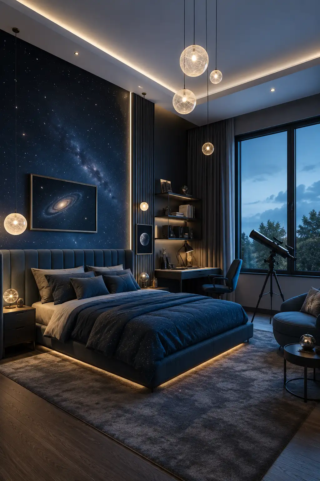 Space inspired modern boys’ bedroom featuring a deep blue galaxy feature wall, upholstered navy bed, layered celestial bedding, glowing globe pendant lights, astronomy artwork, illuminated study desk, display shelves, telescope beside the window, lounge chair, and soft atmospheric lighting.
