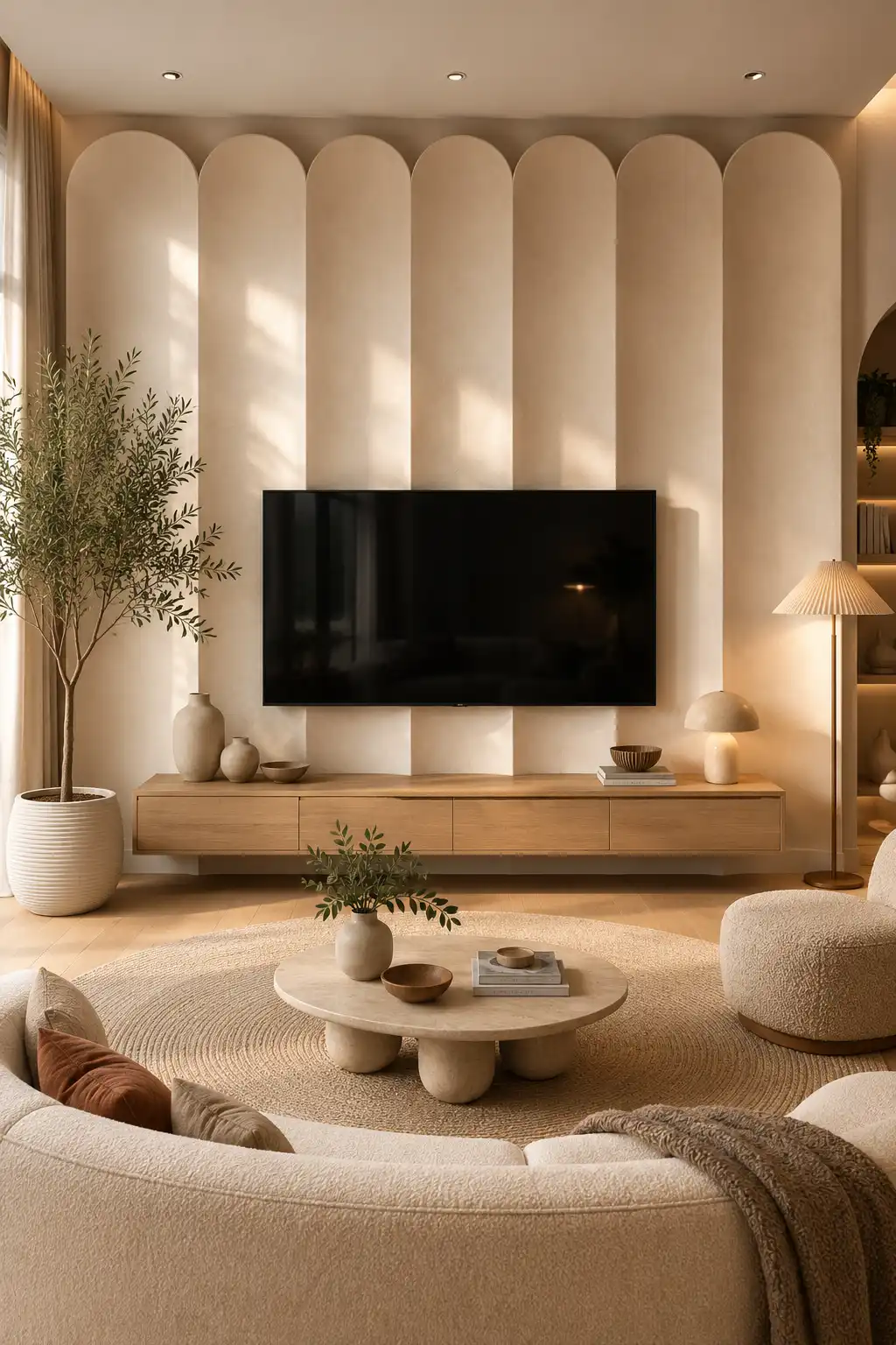 Modern soft scalloped TV wall featuring oversized rounded architectural panels in warm creamy beige, a large wall mounted television, floating light wood console, curved boucle seating, round textured rug, sculptural coffee table, and cozy neutral living room decor.