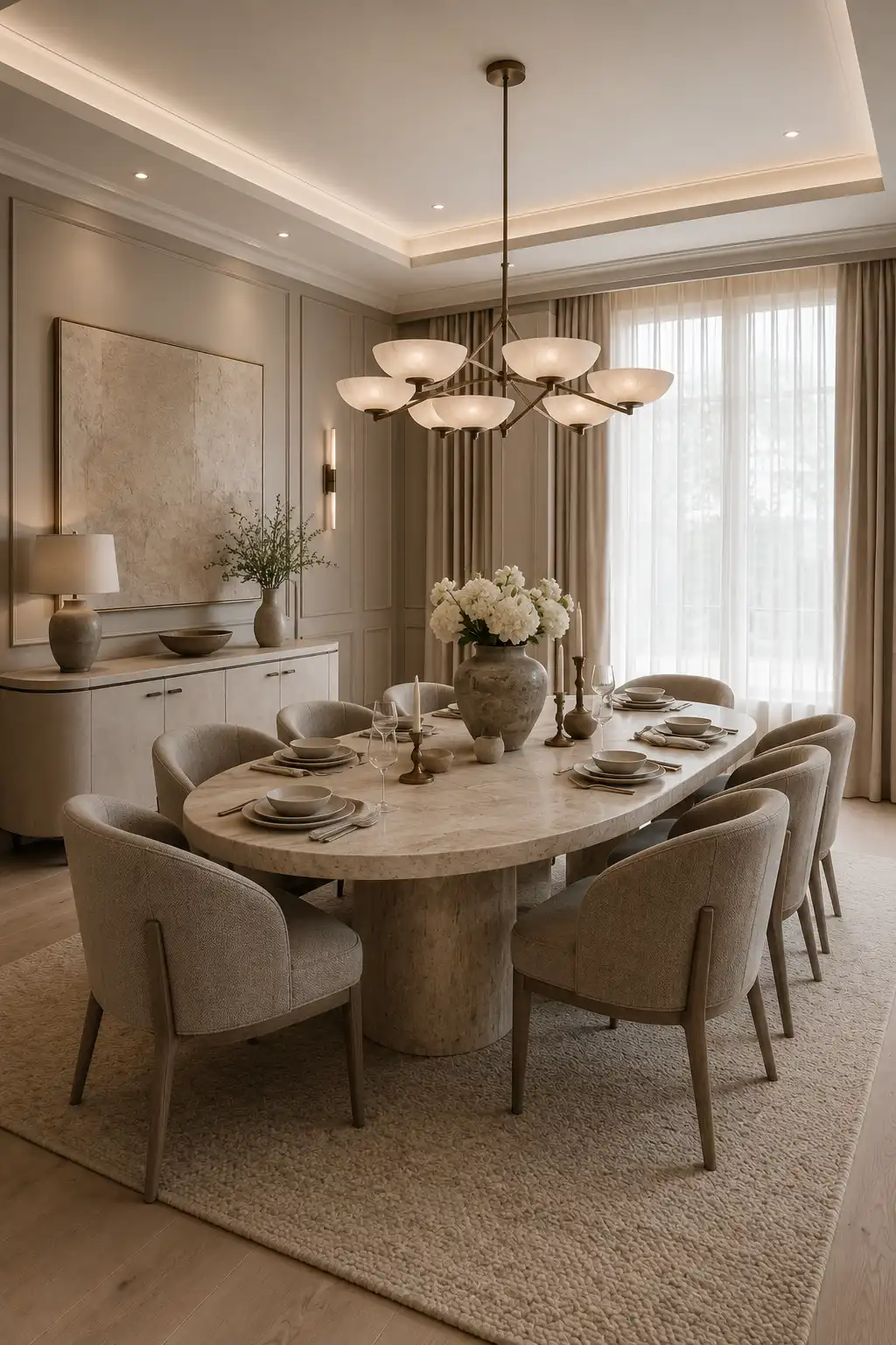 Elegant neutral dining room featuring a large oval stone dining table, curved beige upholstered chairs, sculptural bronze chandelier with frosted glass shades, warm taupe wall molding, oversized textured artwork, layered floor length curtains, curved sideboard, soft neutral rug, and refined ceramic table decor.