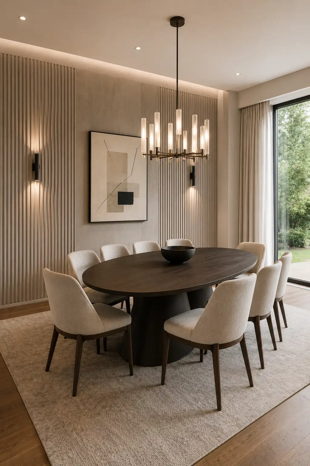Contemporary dining room featuring vertical ribbed wall panels in a warm neutral finish, smooth central artwork section, modern black wall sconces, dark oval dining table, cream upholstered chairs, statement chandelier, and large garden facing windows.