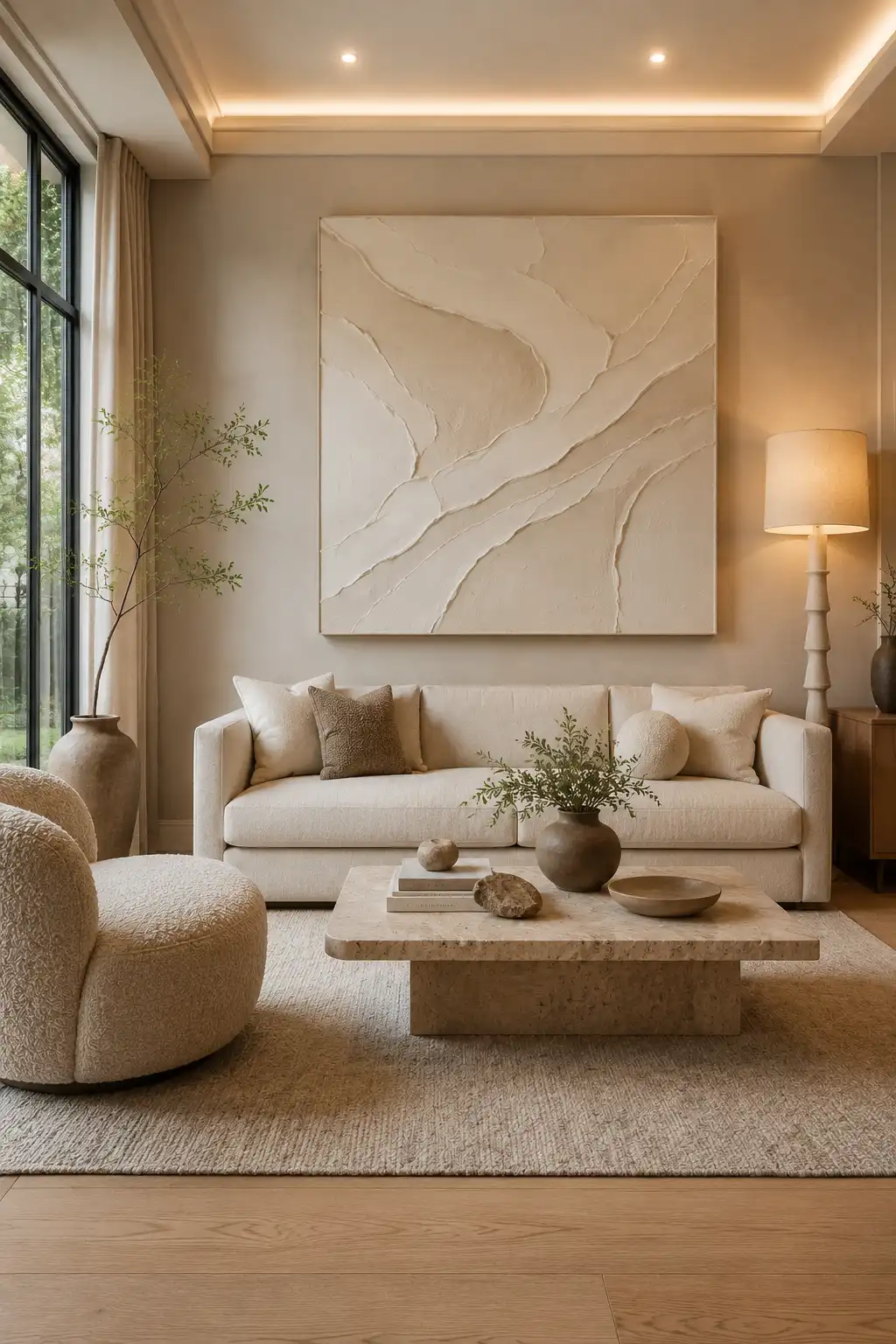 DIY oversized textured canvas wall art above a cream sofa featuring handcrafted plaster texture, warm neutral colors, travertine coffee table, boucle chair, ceramic vases, textured rug, oak furniture, and elegant modern living room décor.