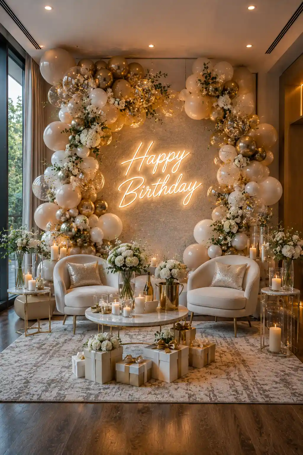 Luxury birthday photo booth corner with organic balloon arch, glowing Happy Birthday neon sign, elegant lounge chairs, candles, floral arrangements, gift boxes, modern coffee table, and stylish birthday party backdrop for unforgettable celebration photos.