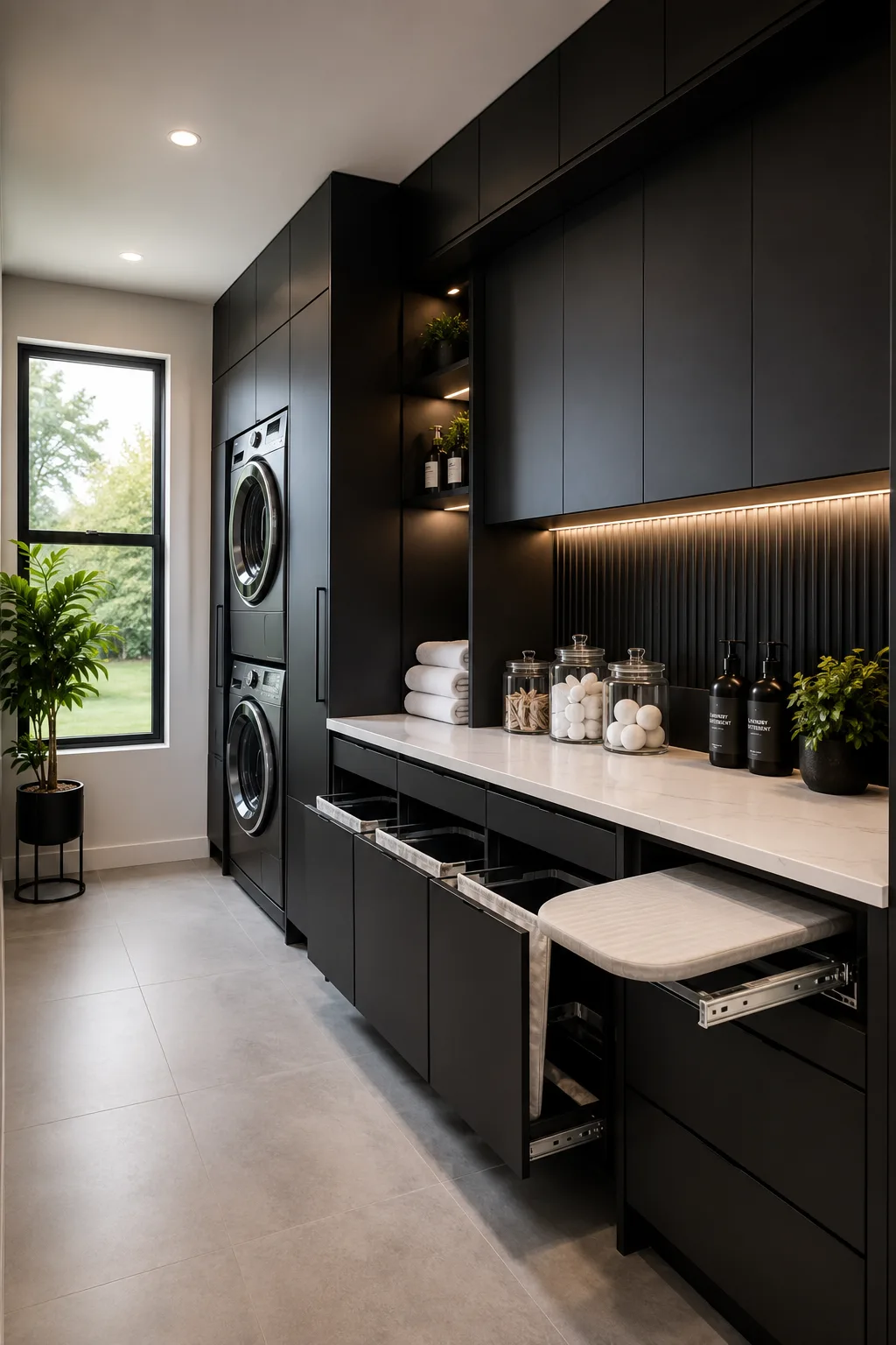 Modern matte black laundry room featuring full height handleless cabinets, stacked front load washer and dryer, white quartz countertop, pull out laundry hampers, hidden ironing board, floating shelves, warm LED lighting, gray porcelain flooring, and minimalist space saving storage design.