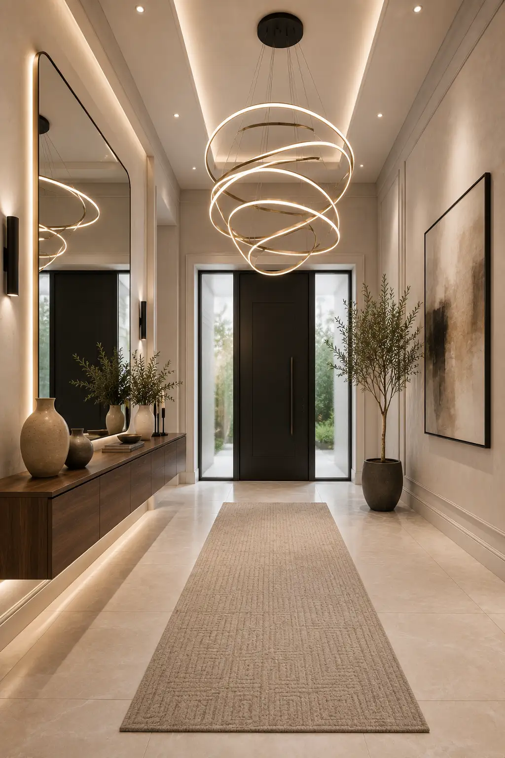 Grand chandelier entrance hall with oversized modern ring chandelier, floating walnut console, large backlit mirror, elegant wall moldings, recessed ceiling lighting, porcelain flooring, indoor olive trees, luxury decorative accessories, textured runner rug, and a sophisticated modern foyer design.