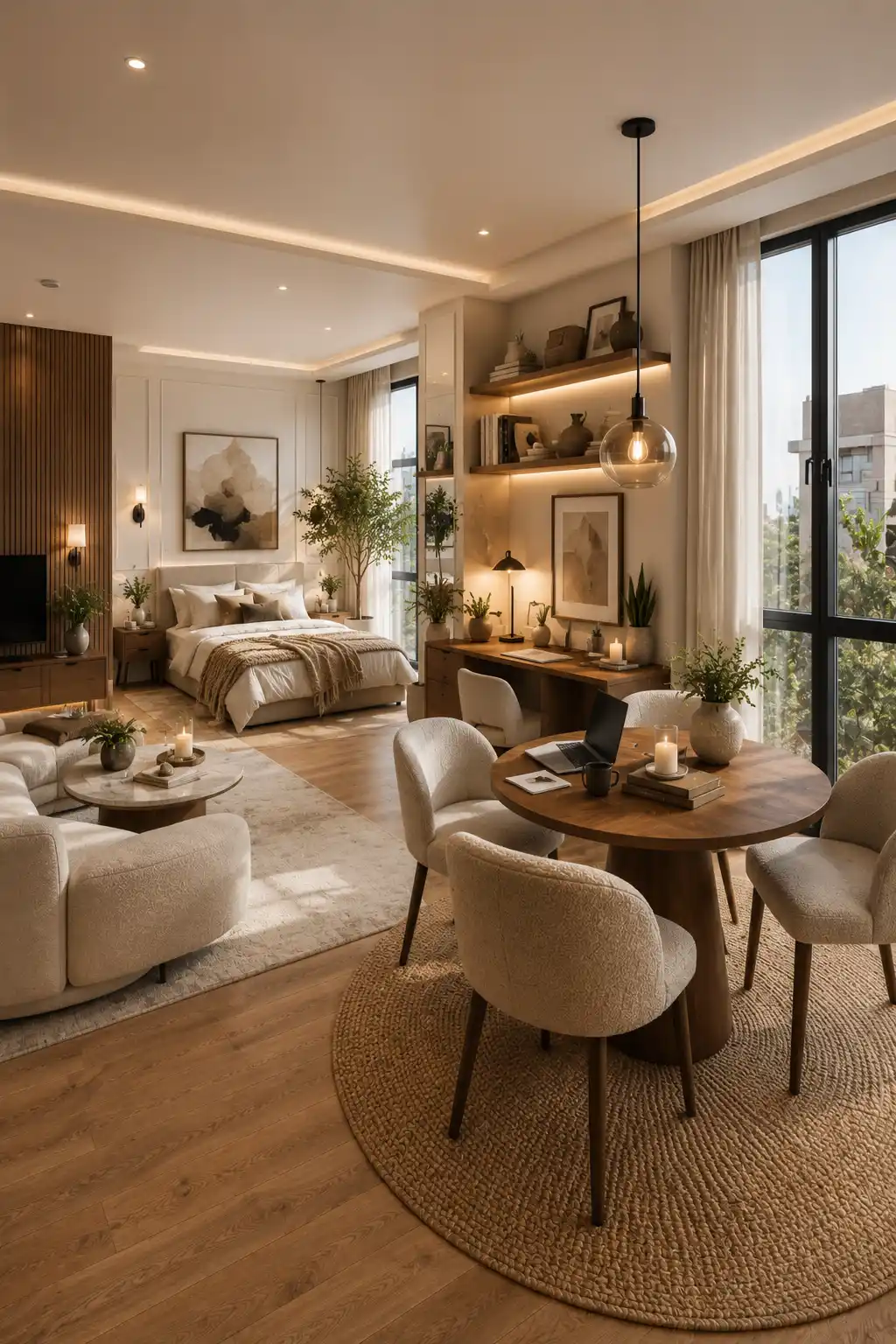 Modern studio apartment featuring a multifunctional dining corner with a round dining table that doubles as a workspace, floating shelves, pendant lighting, cozy living room, warm wood flooring, oversized windows, neutral decor, built in storage, and smart small apartment design for flexible everyday living.