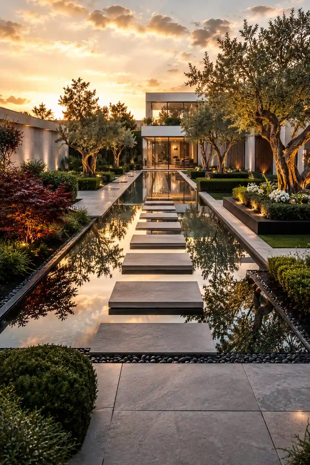 Luxury reflecting pool garden with floating concrete stepping stones, crystal clear water feature, olive trees, sculptural shrubs, minimalist landscaping, contemporary architectural garden, elegant water reflection, premium outdoor design, modern landscape architecture, sophisticated backyard inspiration, and luxury residential outdoor living ideas.
