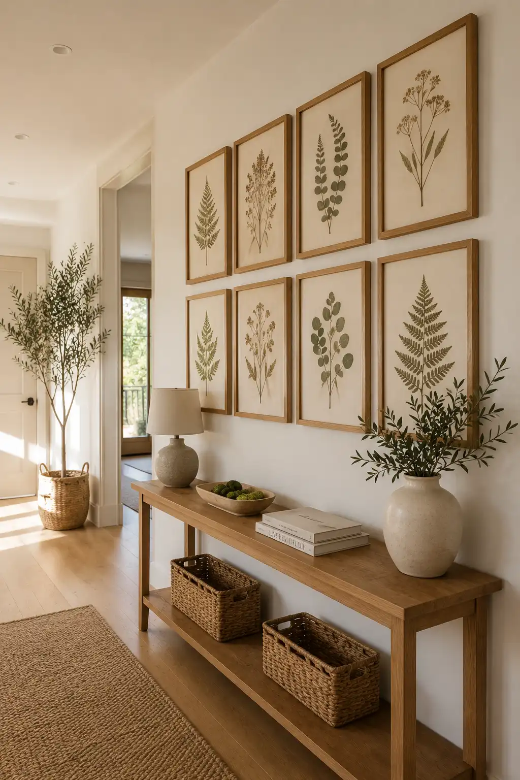 Pressed botanical gallery wall featuring framed eucalyptus leaves, fern prints, dried wildflowers, oak picture frames, wooden console table, ceramic vase, woven baskets, indoor olive tree, bright hallway, natural home décor, and elegant DIY botanical wall art ideas for blank walls.