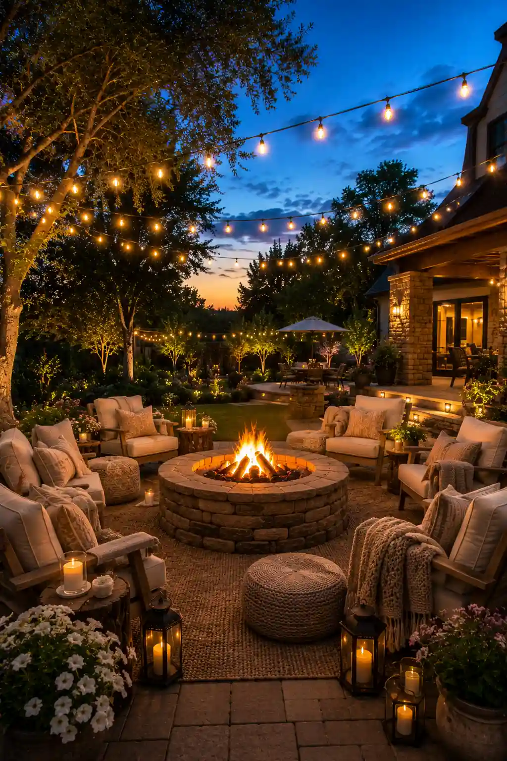 Round stone fire pit surrounded by cozy outdoor lounge chairs, oversized cushions, knitted blankets, woven poufs, decorative lanterns, café string lights overhead, flowering planters, luxury backyard patio, warm firelight, and inviting evening gathering space.