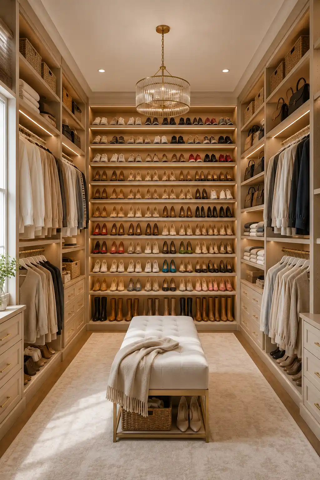 Small closet organization ideas showcasing a dedicated shoe storage wall with neatly arranged sneakers, heels, boots, sandals, and flats inside a luxury walk in closet. Custom shoe shelving, built in storage, hanging clothes, and organized wardrobe solutions create a clean designer inspired space.