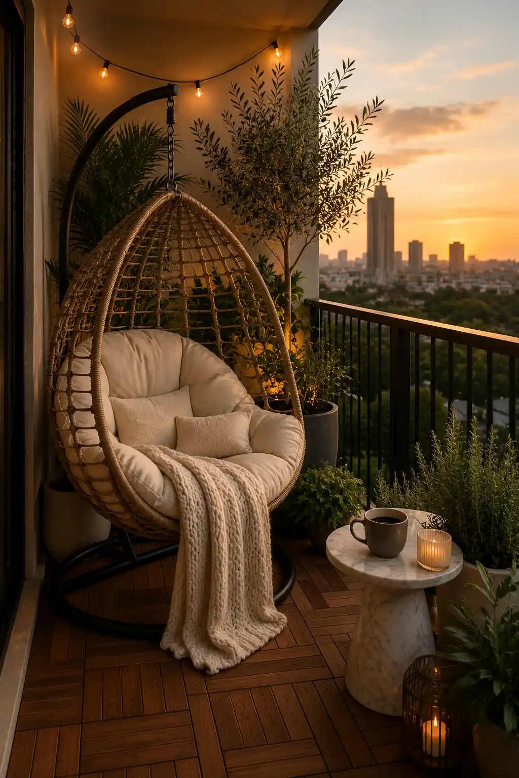 Beautiful small apartment balcony featuring a luxury woven hanging egg chair with oversized cream cushions, knitted throw blanket, marble side table, coffee mug, olive trees, Monstera plants, warm string lights, teak decking, and golden hour lighting for a cozy outdoor retreat.
