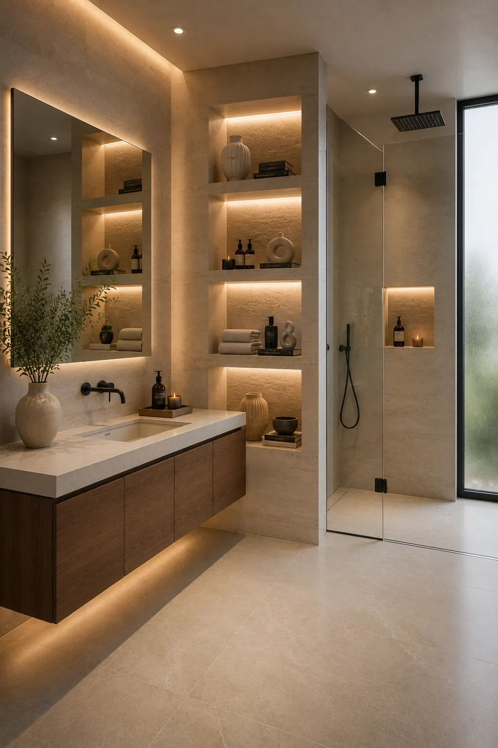 Luxury guest bathroom with illuminated built in wall niches, floating walnut vanity, white quartz countertop, oversized backlit mirror, matte black wall mounted faucet, frameless glass walk in shower, rainfall showerhead, warm LED shelf lighting, decorative ceramic vases, folded luxury towels, designer candles, sculptural accessories, and boutique hotel inspired modern bathroom design.