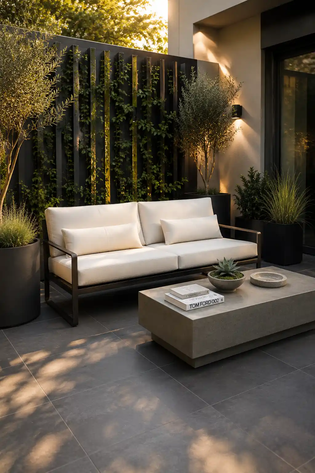 Slim matte black aluminum outdoor loveseat with plush off white weather resistant cushions beside a minimalist concrete coffee table on a luxury patio featuring vertical privacy screens, architectural planters, porcelain pavers, and modern loveseat ideas for compact outdoor living.