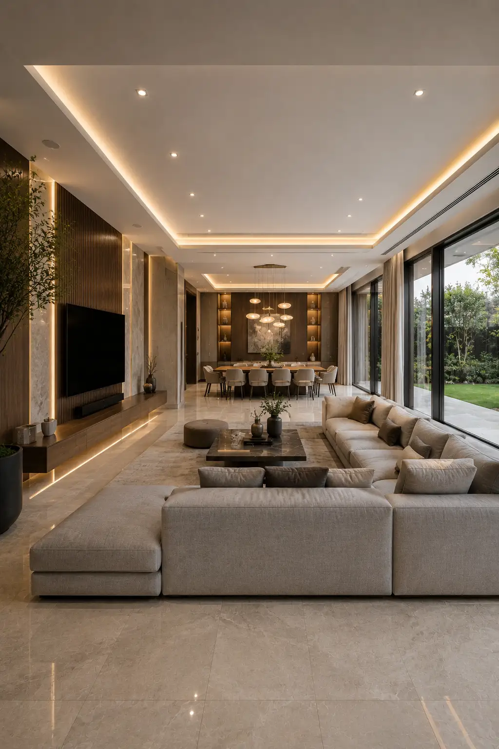 Open concept grey couch living room featuring a large grey sectional sofa, floating TV wall, walnut slat panels, integrated LED lighting, contemporary dining area, floor to ceiling glass doors, landscaped garden views, oversized porcelain flooring, luxury neutral décor, and a seamless modern home layout filled with natural light.