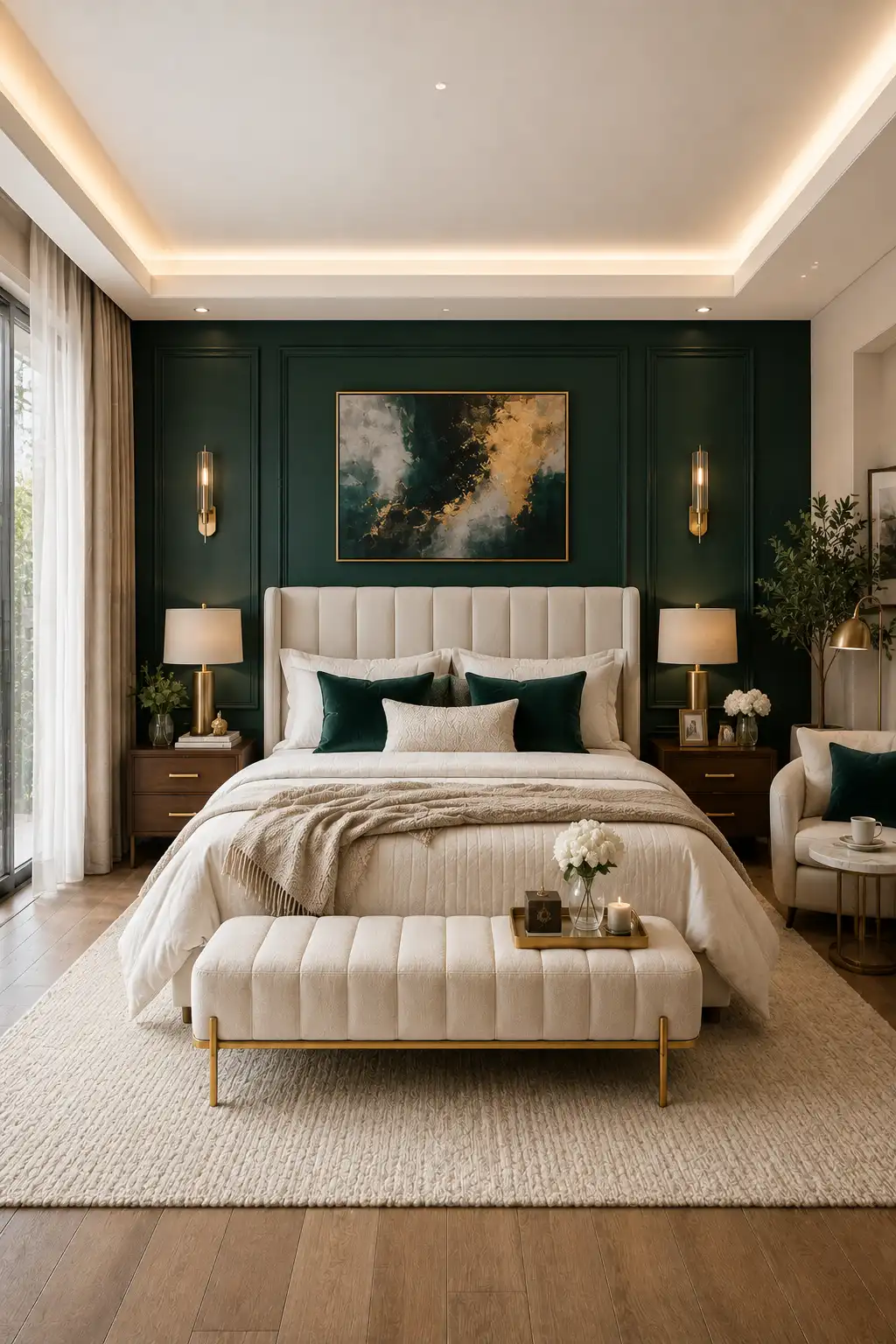 Emerald green statement guest bedroom featuring a dramatic green paneled accent wall, cream upholstered bed with layered white bedding, emerald velvet accent pillows, brass wall sconces, walnut nightstands, decorative artwork, upholstered bench with gold legs, plush neutral area rug, warm wood flooring, cozy reading chair, elegant lighting, and luxury guest bedroom inspiration.