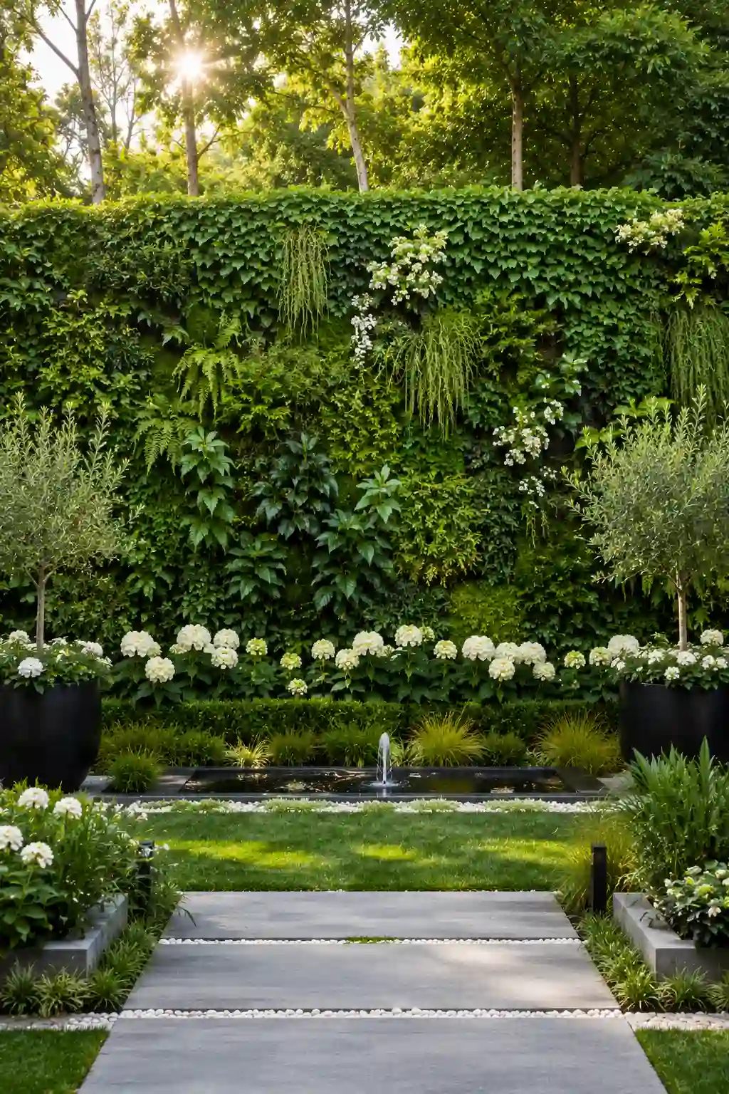 Living green wall garden fence covered with lush climbing plants, ivy, ferns, flowering vines, white hydrangeas, olive trees in black planters, reflecting water feature, modern concrete paving, luxury eco friendly backyard landscaping, vertical garden privacy wall, contemporary outdoor garden inspiration.