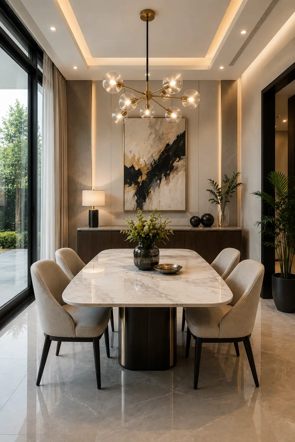 Luxury small dining room with a white marble dining table, upholstered dining chairs, contemporary globe chandelier, modern sideboard, abstract wall art, polished porcelain flooring, large windows, indoor greenery, and elegant modern residential interior design.