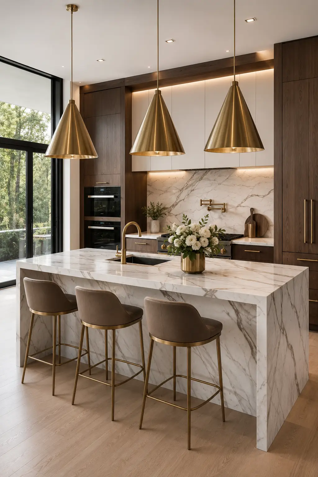 Luxury marble kitchen with oversized brass cone pendant lights above a marble waterfall kitchen island, walnut cabinetry, full height marble backsplash, brass faucet, upholstered counter stools, elegant floral centerpiece, warm recessed lighting, luxury kitchen island lighting ideas, contemporary marble kitchen inspiration, designer modern kitchen