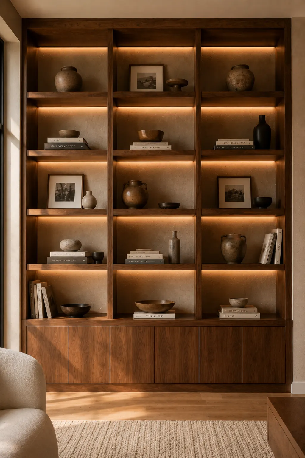 Custom built walnut shelving in a mid century modern living room featuring illuminated display shelves, handcrafted ceramic vases, coffee table books, hidden storage cabinets, integrated LED lighting, textured plaster wall, luxury home library styling, timeless designer shelving inspiration.