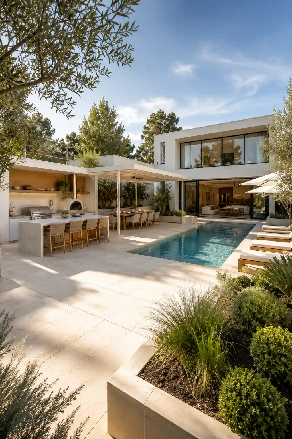 Luxury outdoor kitchen with waterfall island, built in pizza oven, covered dining pavilion, cream limestone pool terrace, elegant swimming pool, premium chaise lounge chairs, contemporary modern home, landscaped backyard, outdoor entertaining space, luxury outdoor cooking area, resort style backyard design, dream poolside dining inspiration.