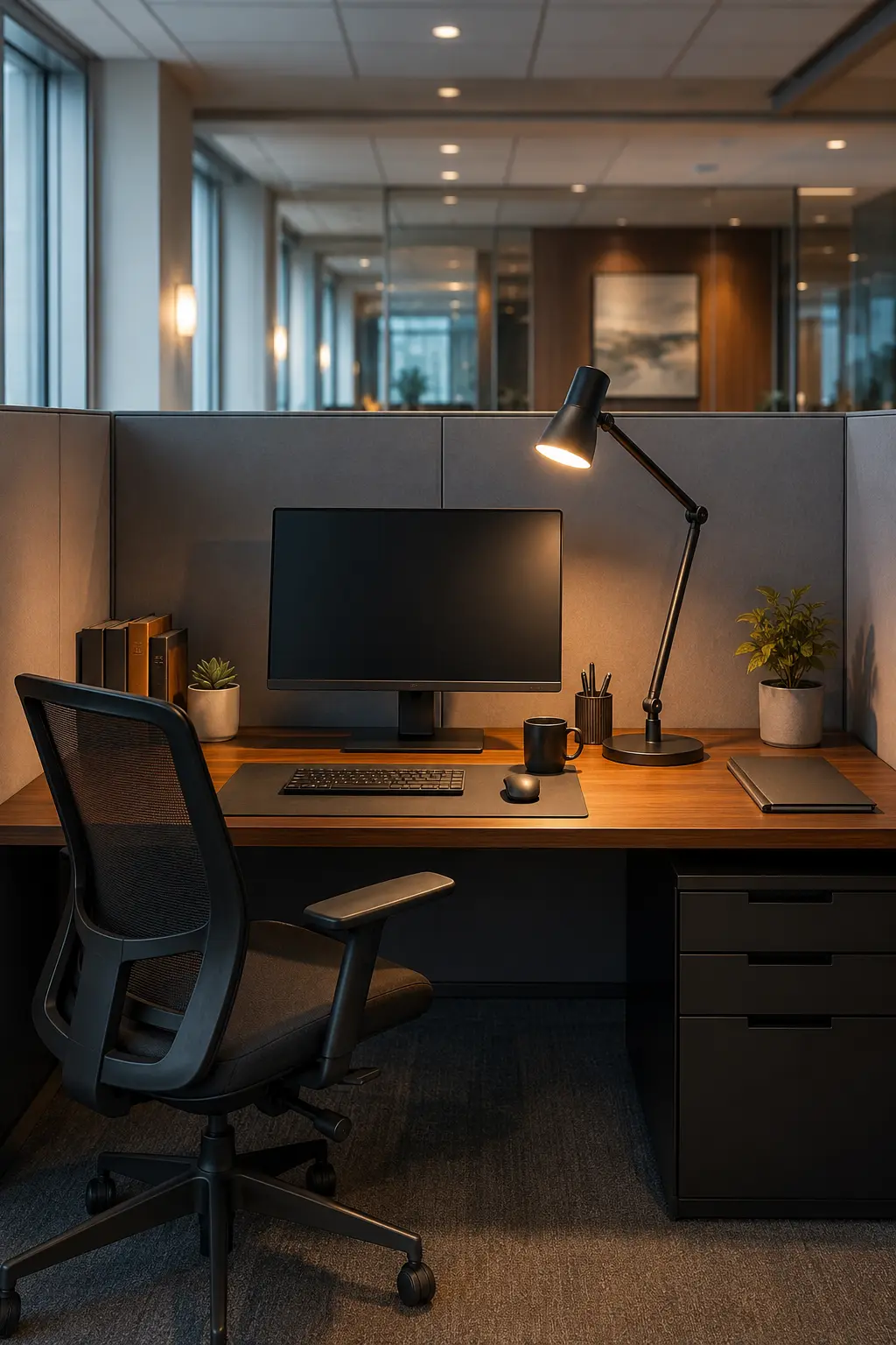Stylish cubicle decor ideas featuring a modern black desk lamp, warm office lighting, wooden office desk, minimalist workspace, indoor plant, ergonomic office chair, clean desk organization, premium office accessories, cozy workspace decor, and elegant office inspiration.