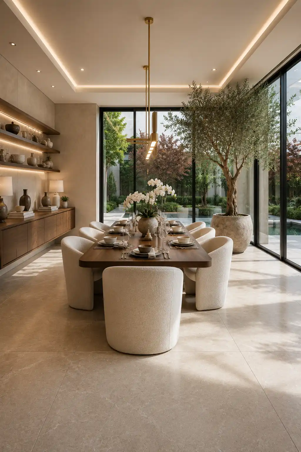 Luxury dining room styled with a mature indoor olive tree beside floor to ceiling glass windows, floating walnut cabinetry, solid walnut dining table, cream upholstered chairs, minimalist pendant lighting, porcelain flooring, and elegant contemporary home décor filled with natural light.
