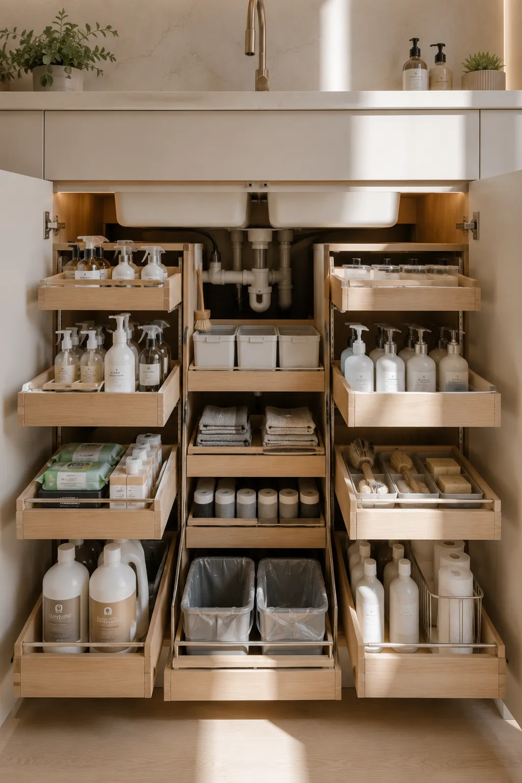 Luxury under sink kitchen organizer with pull out storage drawers, organized cleaning supplies, dish soap, microfiber towels, storage bins, hidden waste bins, custom under sink cabinet organization, premium kitchen storage solution, space saving under sink ideas for small kitchens, modern kitchen organization inspiration.