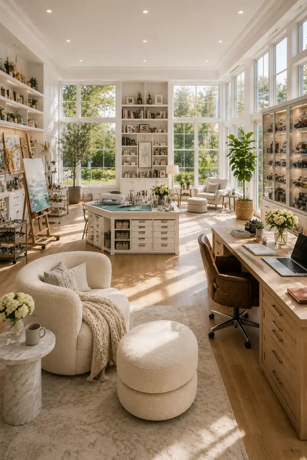 Modern multi purpose hobby room featuring spacious art workstation, cozy reading lounge, built in bookshelves, creative desk setup, organized storage cabinets, indoor plants, oversized windows, layered lighting, premium wood flooring, stylish neutral decor, multifunctional creative studio, luxury hobby room ideas, elegant home studio inspiration, organized creative workspace.