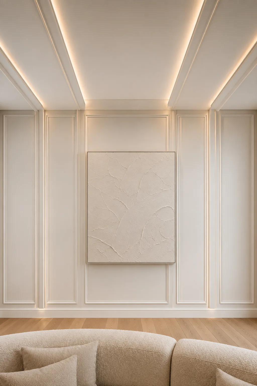 Luxury living room with ceiling to wall molding, integrated LED lighting, vertical architectural wall panels, oversized textured artwork, concealed cove lighting, neutral designer interior, and premium custom millwork inspiration.