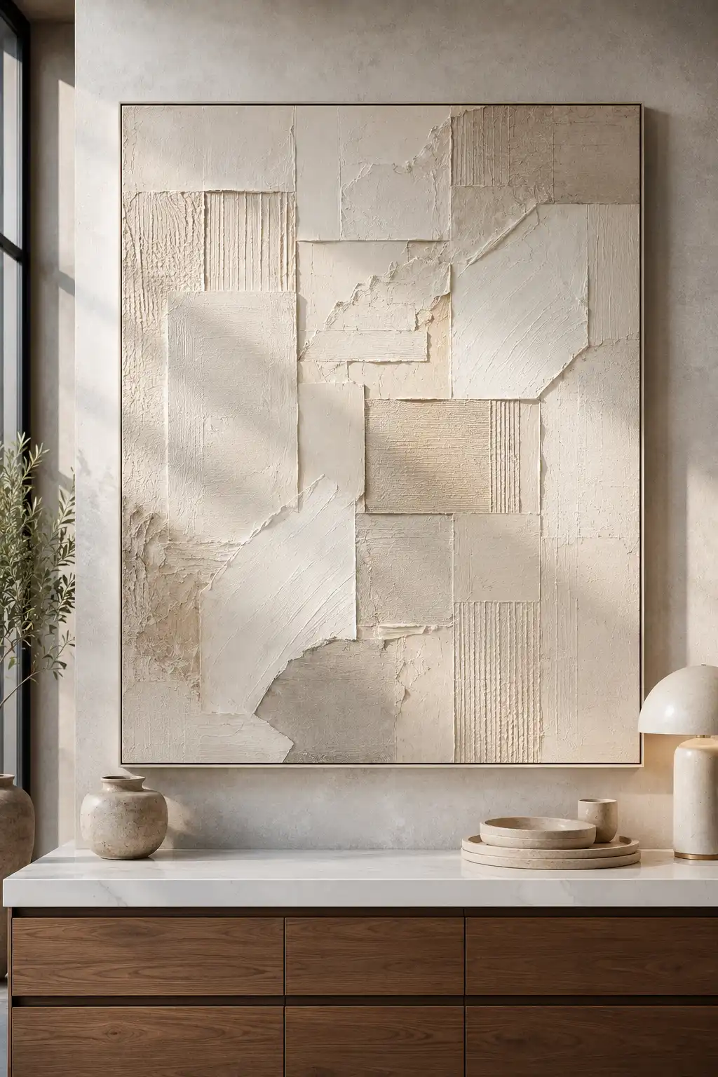 Large neutral textured canvas with handcrafted plaster details displayed above a modern kitchen featuring wood cabinets, white quartz countertops, ceramic decor, and luxury minimalist interior styling.
