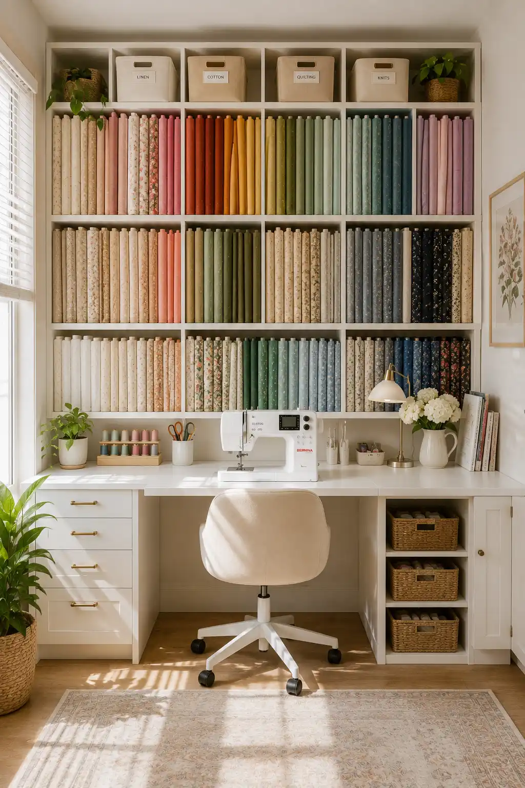 Bright small sewing room with floor to ceiling vertical fabric storage, neatly folded colorful fabrics, custom sewing desk, organized shelves, storage bins, decorative baskets, and smart fabric storage ideas for compact sewing and craft rooms.