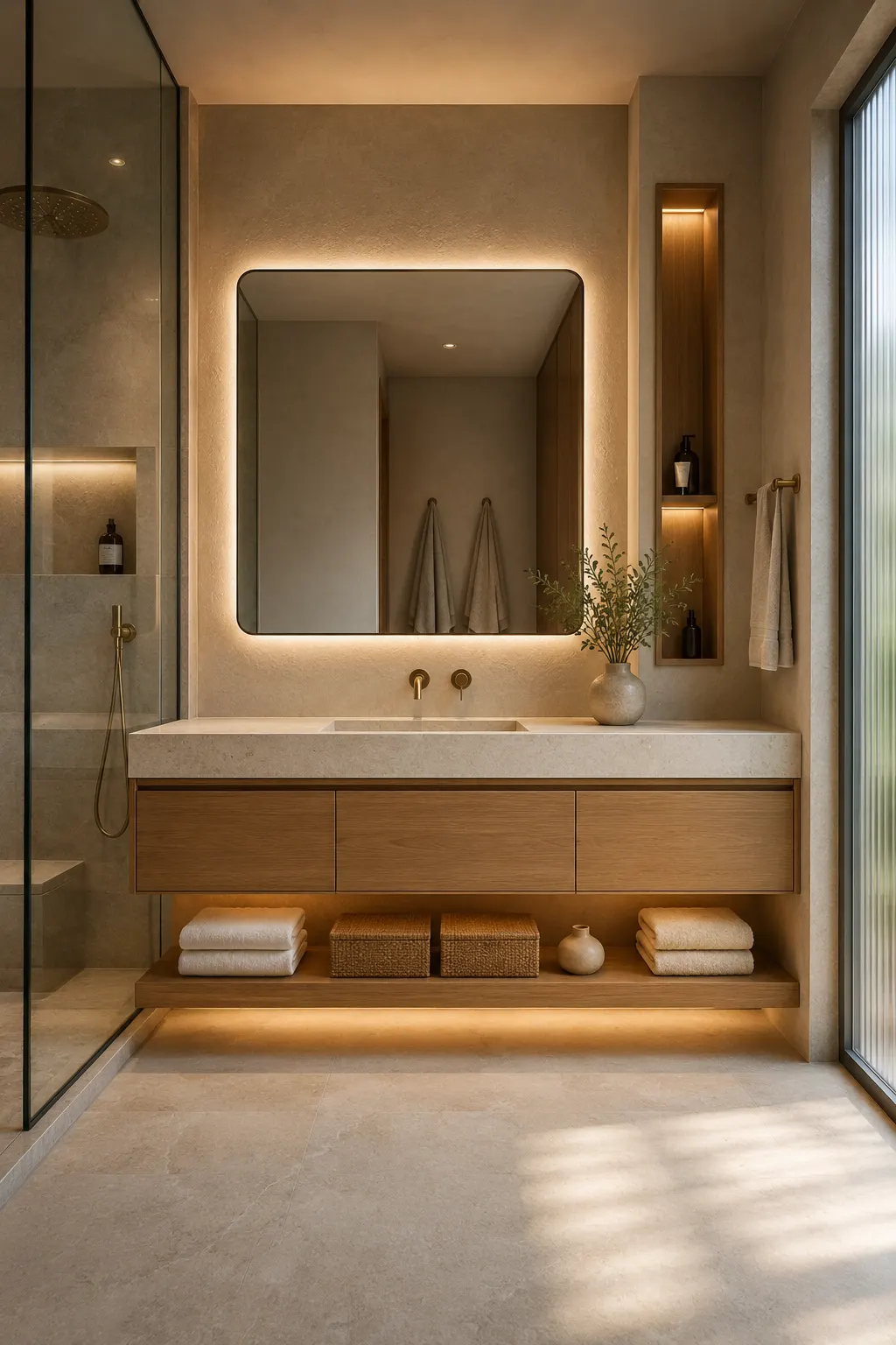Modern floating bathroom vanity with light wood drawers, pale stone countertop, integrated sink, oversized backlit mirror, open lower shelf with folded towels and woven baskets, illuminated wall niche, and warm neutral bathroom decor.