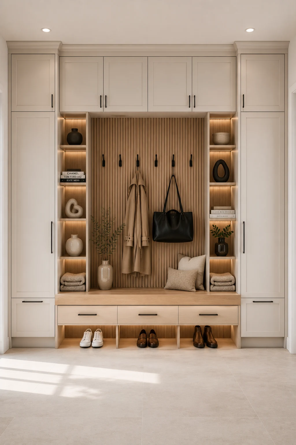 Classic IKEA mudroom with full height shaker cabinets, floating bench, integrated drawers, illuminated display shelves, vertical slat accent wall, black hardware, and highly organized entryway storage for modern family living.