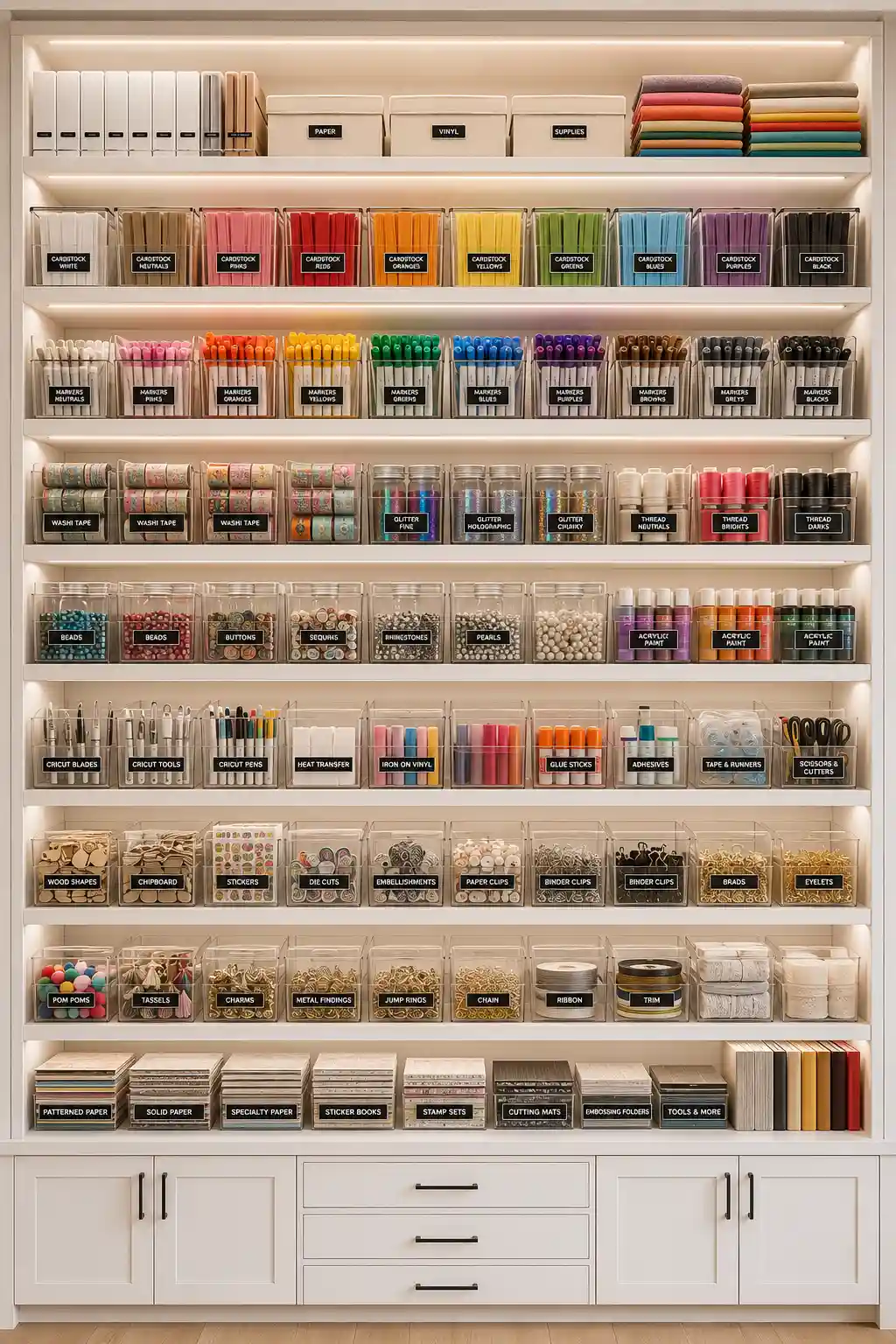 Luxury craft room shelving with clear acrylic storage bins filled with cardstock, markers, paints, beads, buttons, sequins, ribbons, Cricut accessories, washi tape, adhesives, labeled containers, and premium craft room organization ideas that create a clean, colorful, and clutter free workspace.