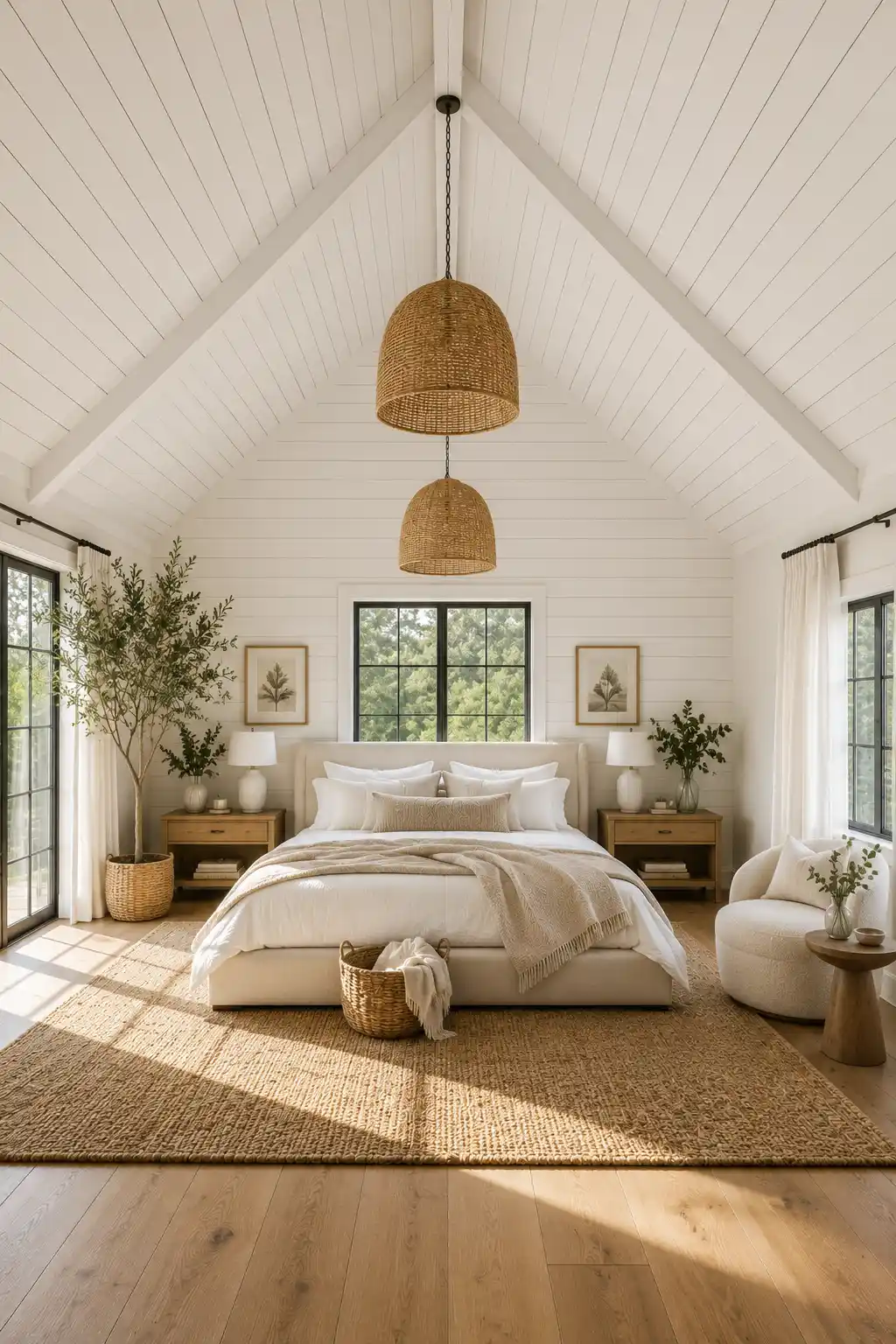 Bright bedroom featuring a white shiplap slanted ceiling with oversized woven pendant lights, natural oak furniture, layered white bedding, cozy neutral textiles, woven area rug, indoor plants, coastal farmhouse bedroom inspiration, elegant vaulted ceiling design, airy modern cottage interior filled with soft natural sunlight.