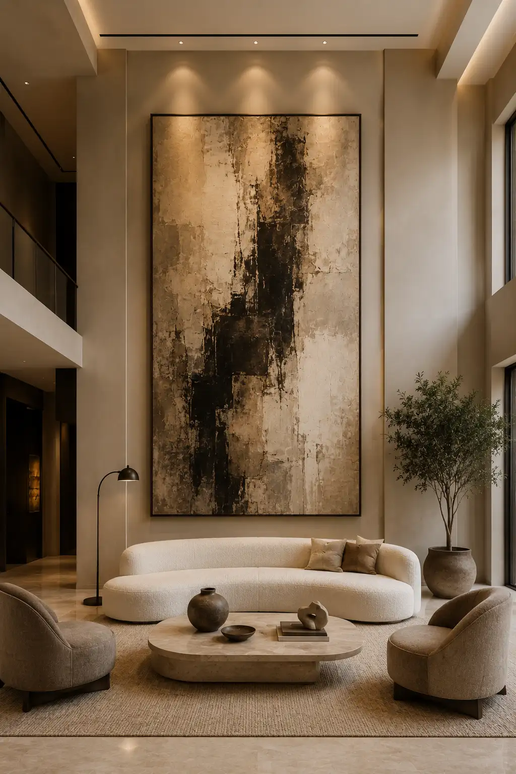 Elegant high ceiling living room featuring one monumental oversized vertical abstract painting in warm beige, cream, brown, and black tones, paired with a curved ivory sofa, travertine coffee table, neutral lounge chairs, textured rug, and tall indoor greenery.