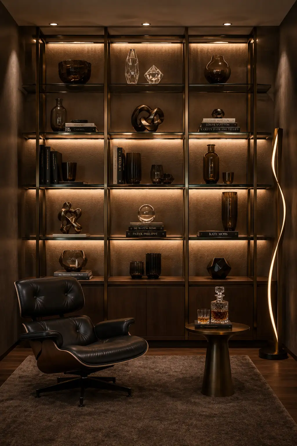 Luxury backlit glass bookshelf with slim dark metal framing, warm ambient lighting, dark glass vessels, crystal decor, sculptural objects, curated books, a black leather lounge chair, modern side table, and a dramatic sculptural floor lamp.