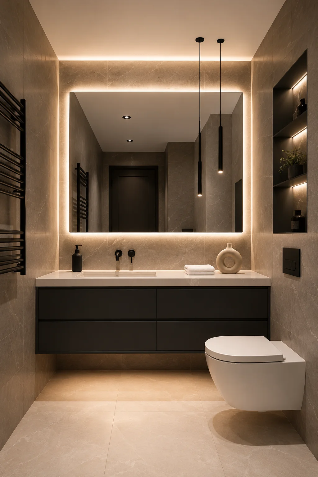 Sophisticated monochrome small bathroom with a wide floating charcoal vanity, slim white stone countertop, oversized LED backlit mirror, warm greige stone walls, black wall mounted fixtures, slim pendant lights, illuminated recessed shelving, and wall hung toilet.