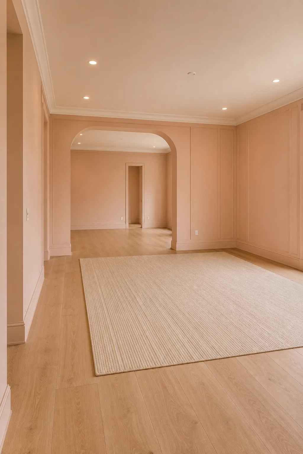 Empty elegant living room with sun faded peach painted walls, subtle decorative wall molding, a wide curved architectural opening, pale oak wood flooring, warm ceiling lighting, and a large cream textured area rug.