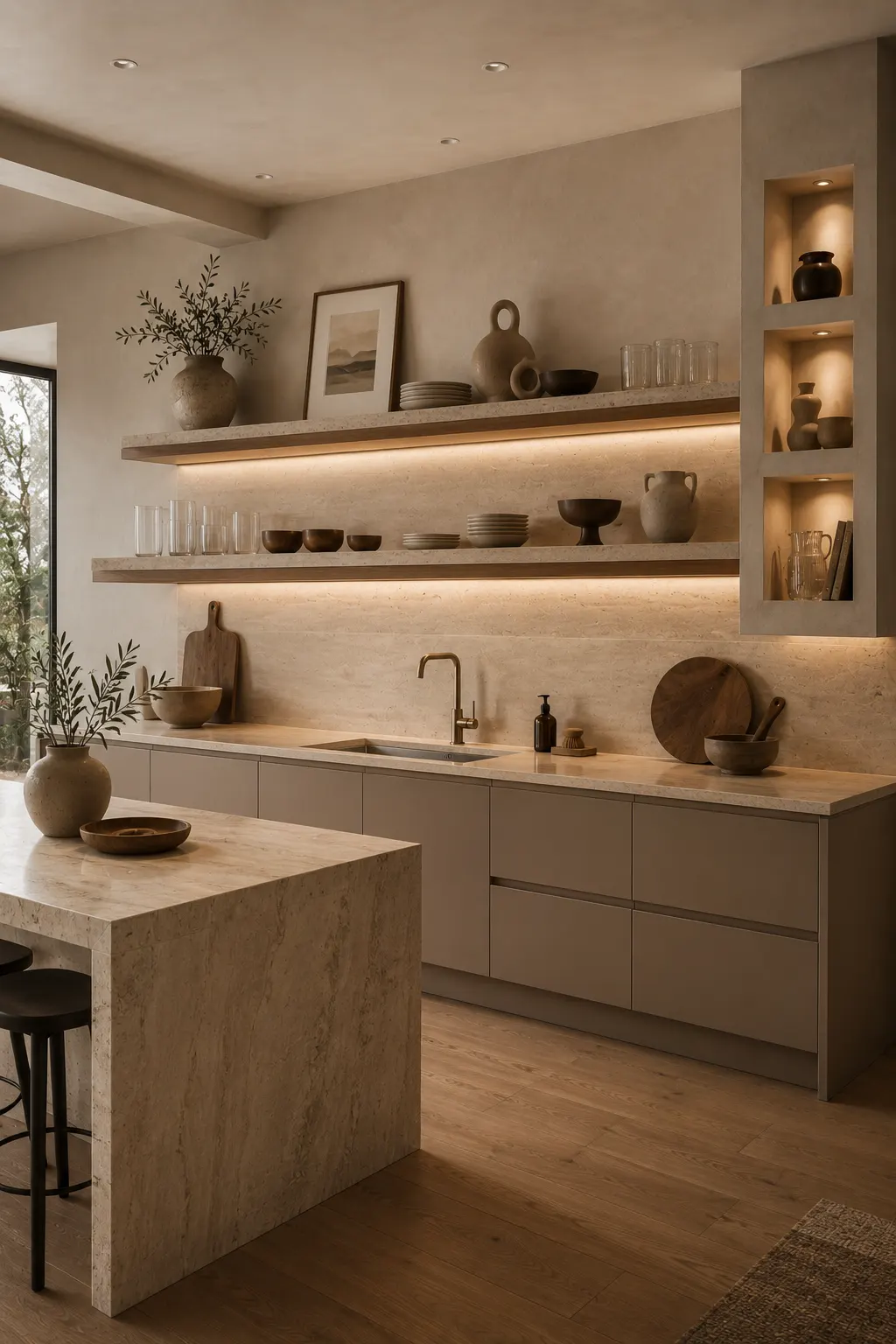 Warm contemporary kitchen featuring illuminated stone open shelves with concealed lighting, vertical recessed display niches, sculptural pottery, stacked plates, clear glassware, framed artwork, natural branches, taupe cabinetry, stone island, and warm oak flooring.
