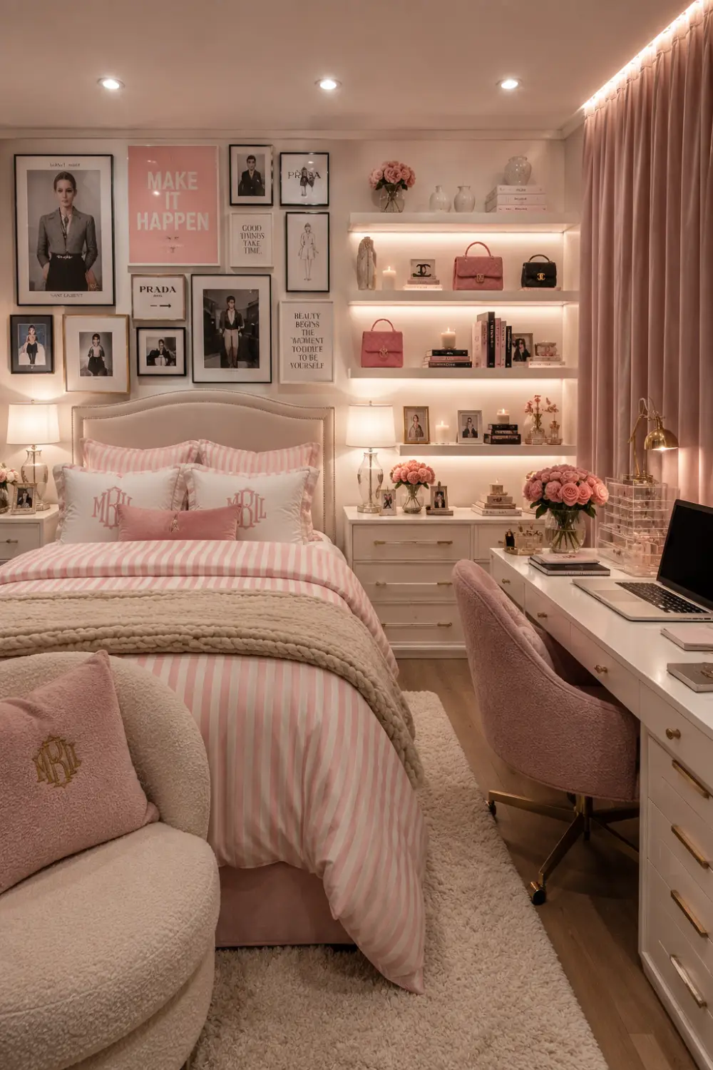 Preppy pink dorm room with striped bedding, monogram pillows, gallery wall, white study desk, floating shelves, blush chair, fresh flowers, gold accents, warm lighting, and stylish college dorm room inspiration.